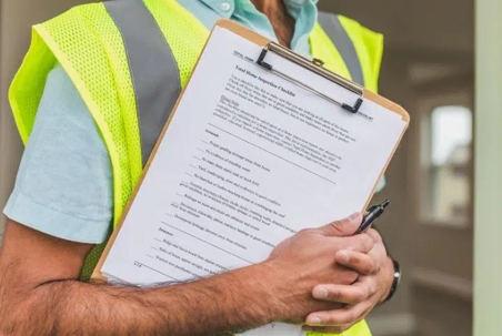 A person in a safety vest holds a clipboard with a checklist.