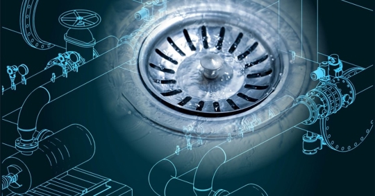 Clear drain image over a building's pipes and valves