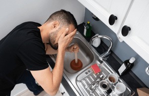 A frustrated man plunges a clogged kitchen sink, his face in his hand.