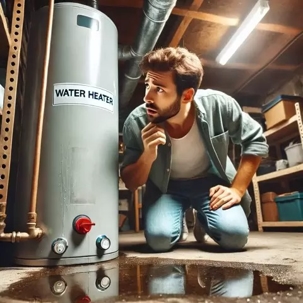 A worried man kneels before a leaking water heater labeled "Water Heater".