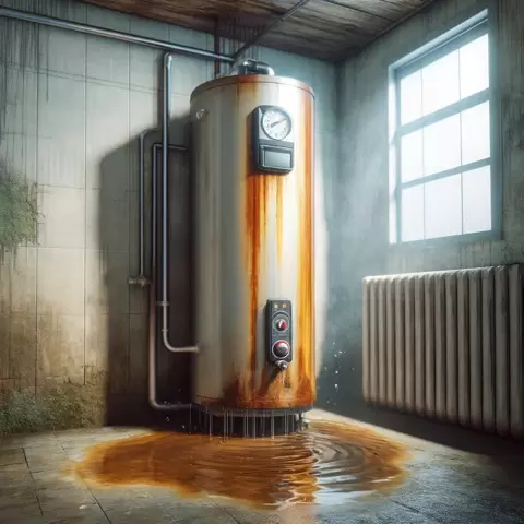 Leaking, rusty water heater in a damp room.