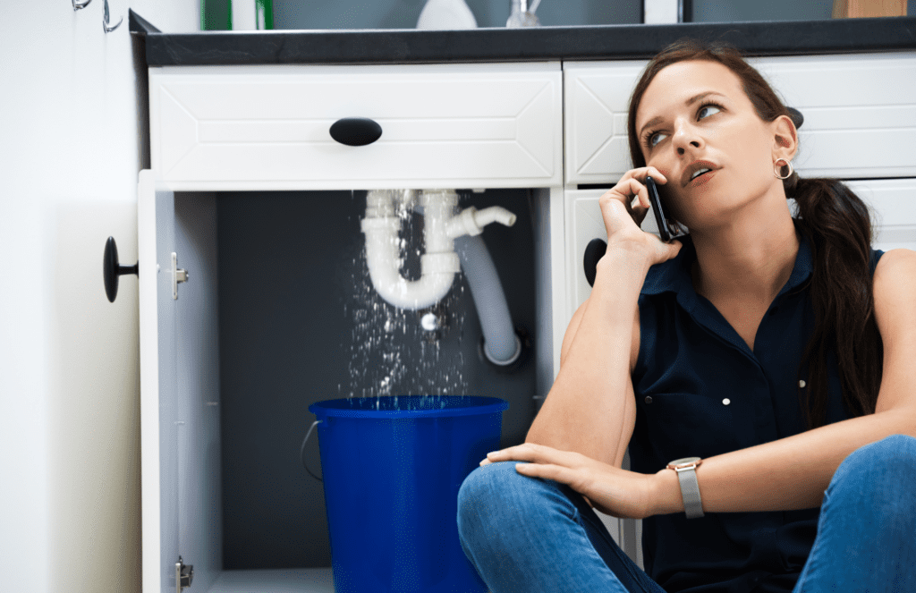A woman is having a plumbing issue.
