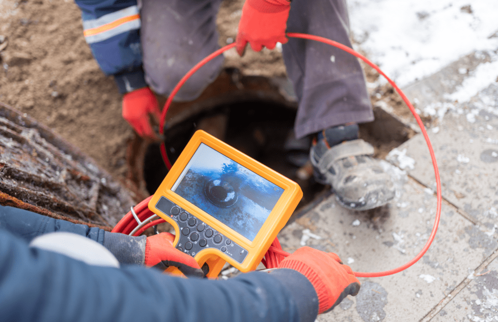 Plumbers use a video camera to inspect a sewer drain.