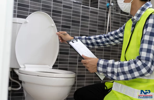 A plumber in a mask inspects a toilet with a clipboard, presumably checking the sewer system's condition.
