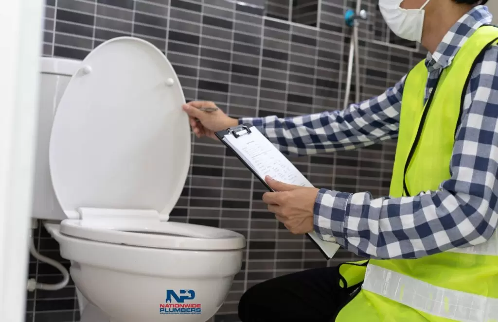 A plumber in a safety vest and mask inspects a toilet with a clipboard, likely as part of a "Sewer and Drainage System Inspection."